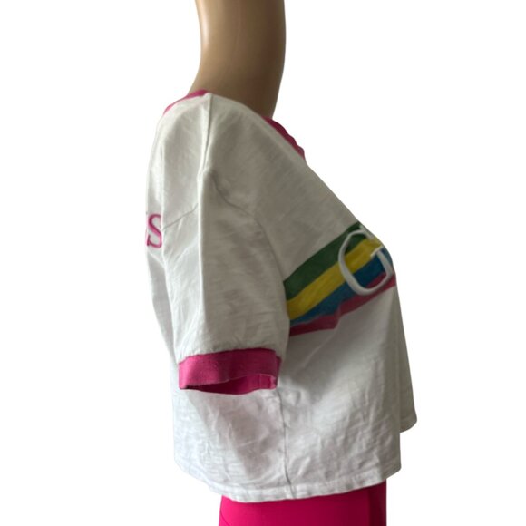 Guess Cropped Pink Striped Size S Rainbow Money T-Shirt - Picture 2 of 8